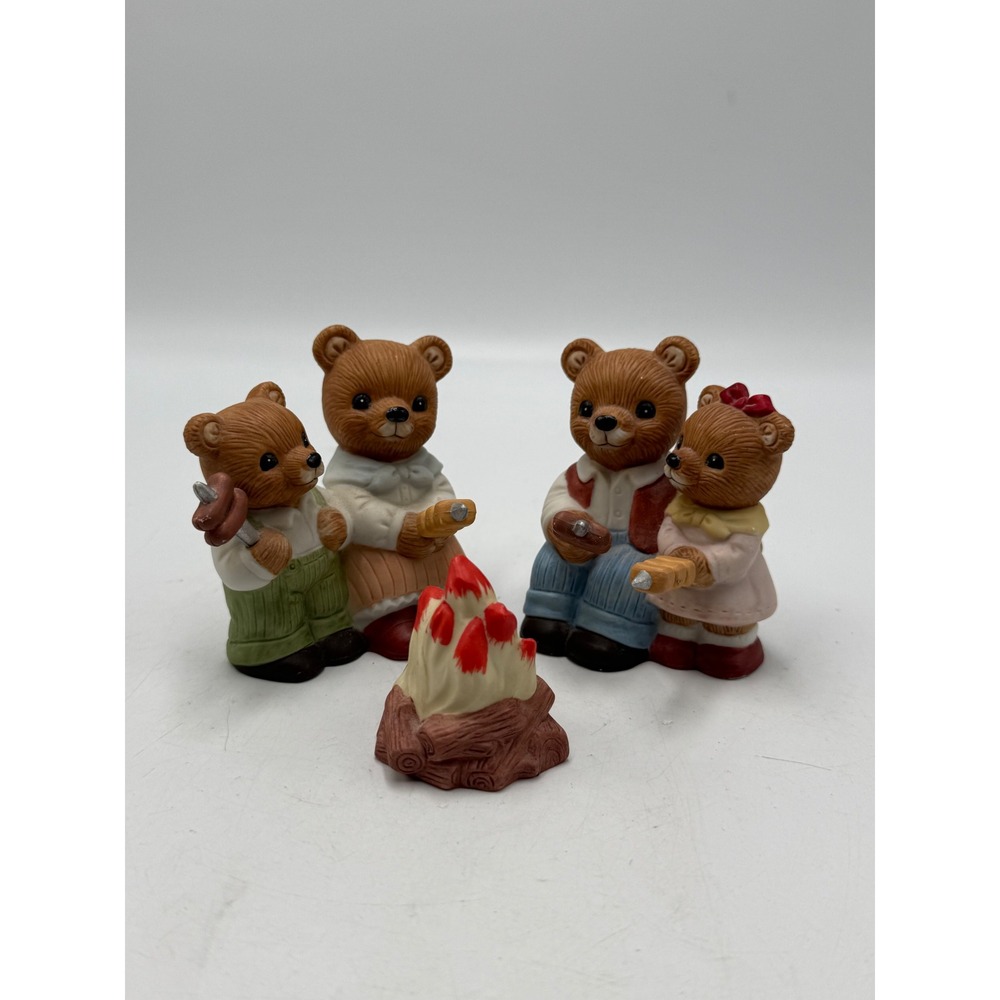 Homco Bear Family Camping Figurine Set 1446 Porcelain Campfire 5 Piece Vintage